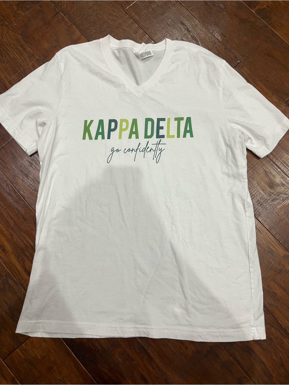 Kappa Delta White V-Neck Sorority Tee - Green Lettering